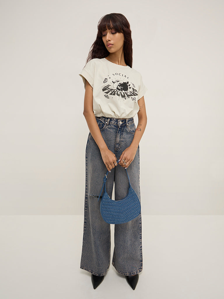 Nuon Off-White Text Design Cotton-Blend Top