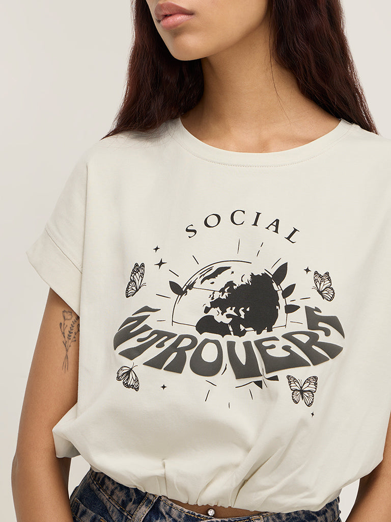 Nuon Off-White Text Design Cotton-Blend Top