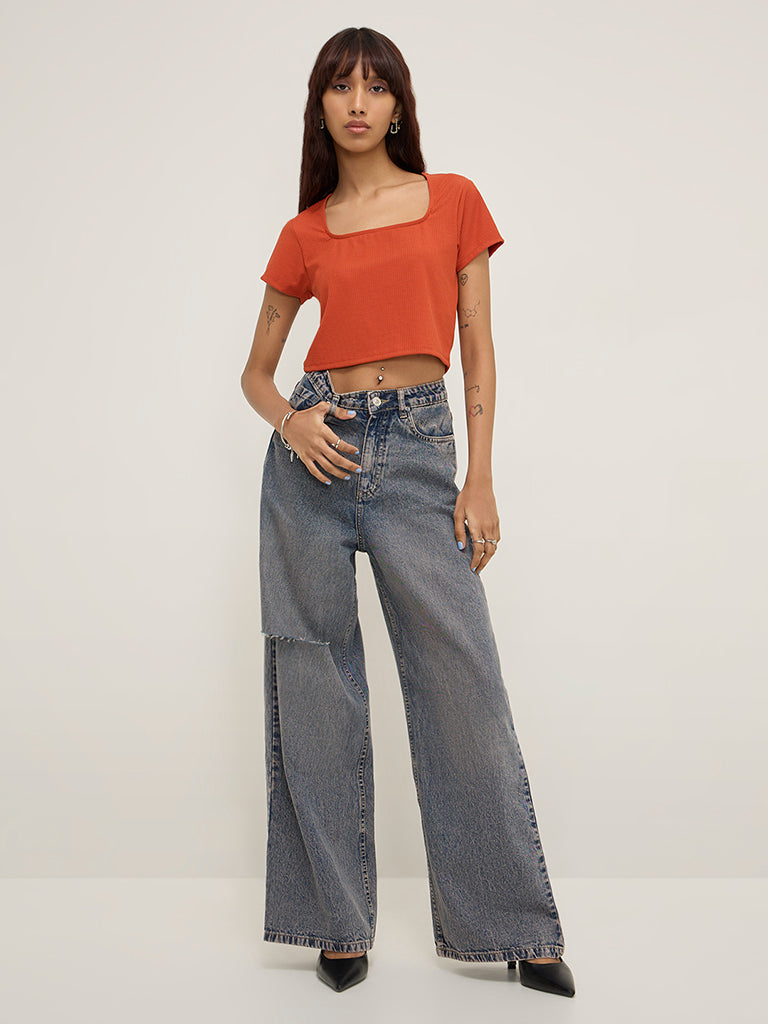 Nuon Rust Ribbed Textured Cotton-Blend Top