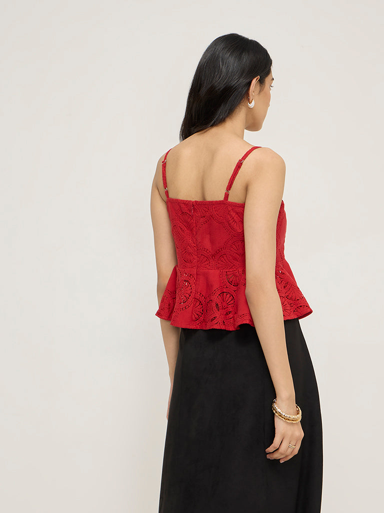 LOV Red Lace Design Peplum Cotton-Blend Top