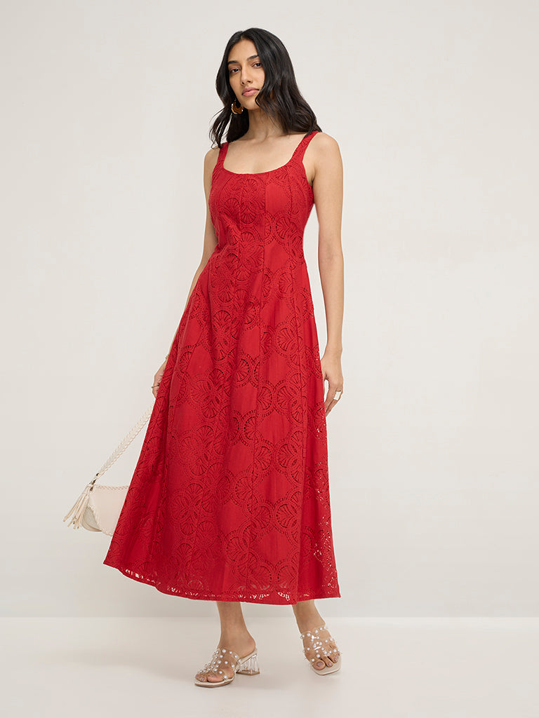 LOV Red Lace Design Cotton-Blend A-Line Dress