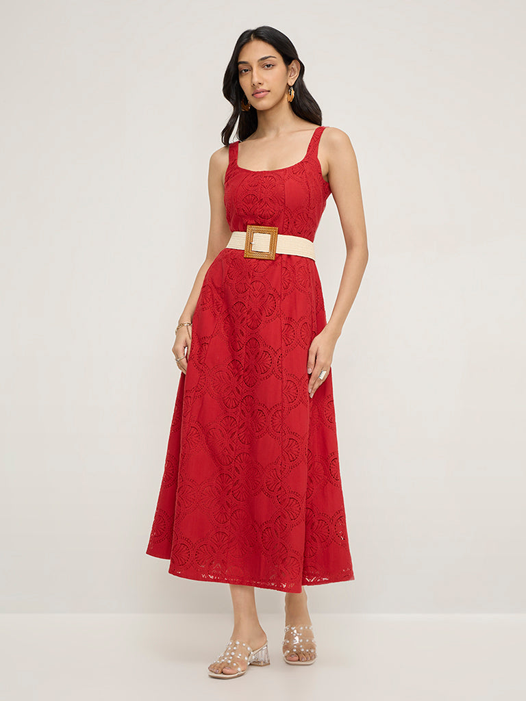 LOV Red Lace Design Cotton-Blend A-Line Dress