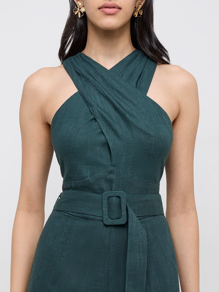 LOV Dark Green Solid Jumpsuit with Belt