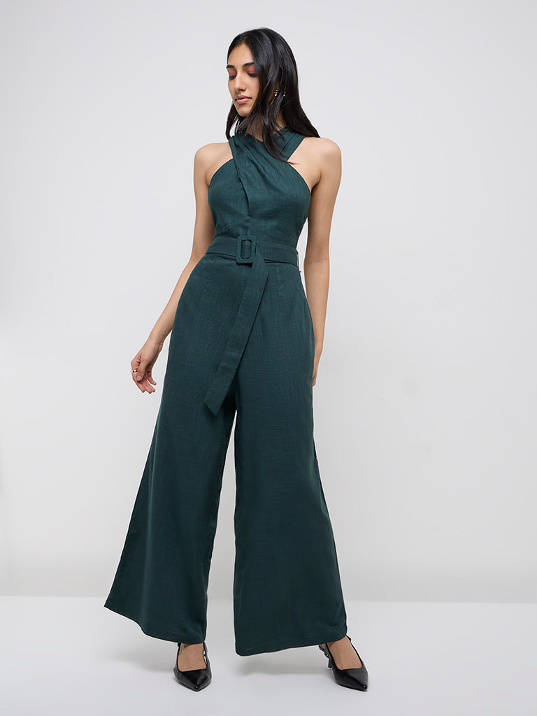 LOV Dark Green Solid Jumpsuit with Belt