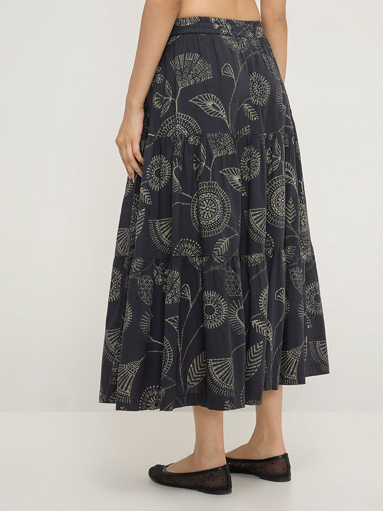 Utsa Black Botanical Printed Tiered Skirt