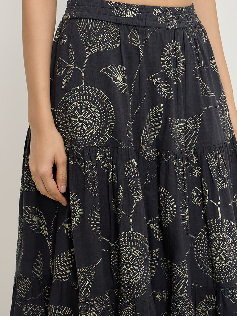 Utsa Black Botanical Printed Tiered Skirt