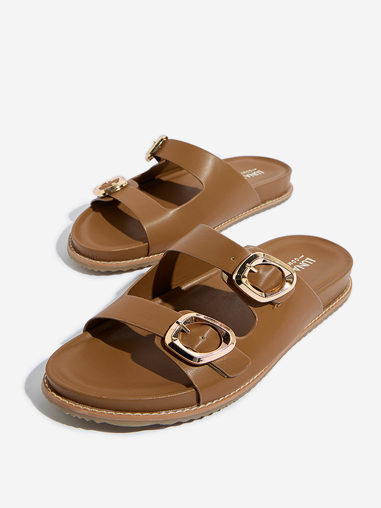Buy LUNA BLU Tan Dual-Strap Slip-On Comfort Sandals from Westside