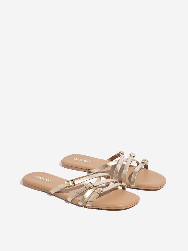 Buy LUNA BLU Light Gold Multi Strap Slides from Westside