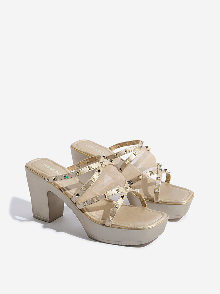 Westside LUNA BLU Women's  Light Gold Stud-Detailed Block-Heel Sandals for Casual Wear Front View