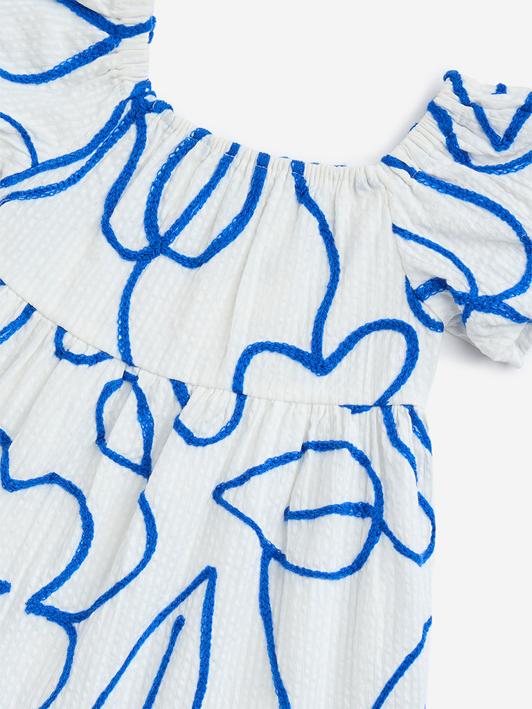 HOP Kids White & Blue Floral Cotton Dress