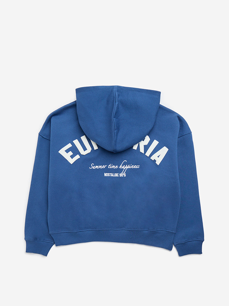 Y&F Kids Indigo Text Design Cotton-Blend Hoodie
