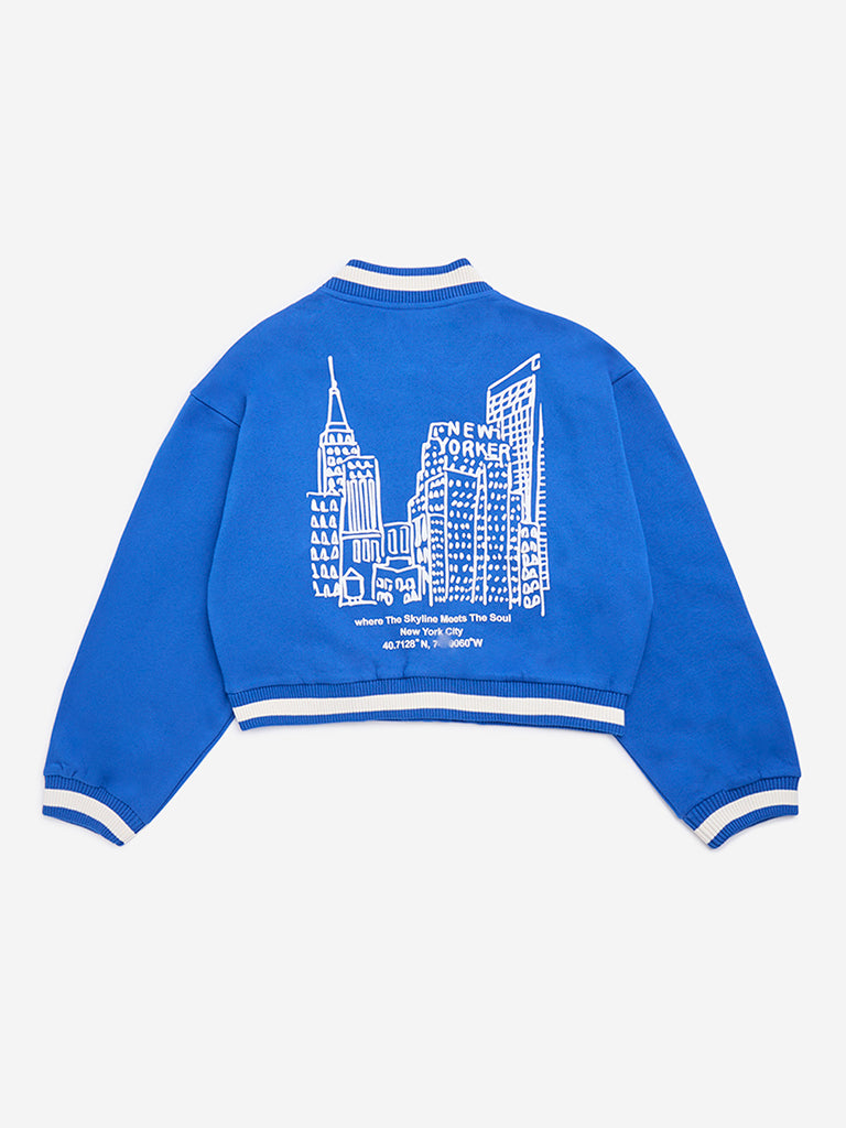 Y&F Kids Blue Cityscape Design Cotton-Blend Varsity Jacket