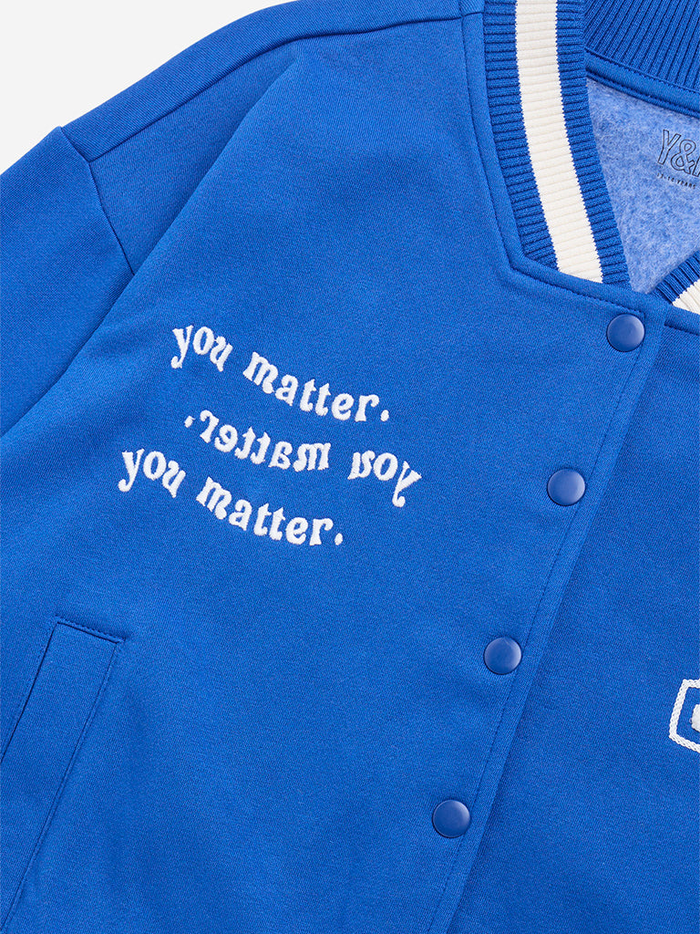 Y&F Kids Blue Cityscape Design Cotton-Blend Varsity Jacket