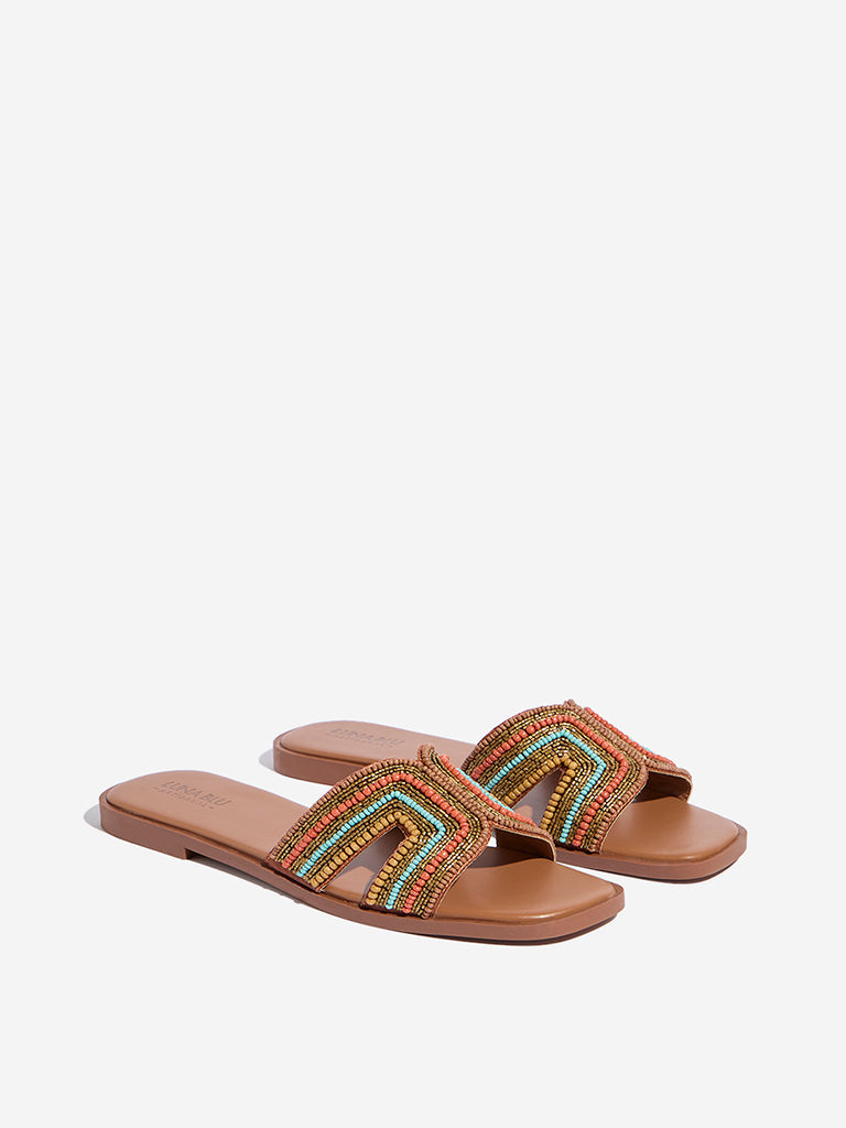 Buy LUNA BLU Tan Beads Embellished Slides from Westside