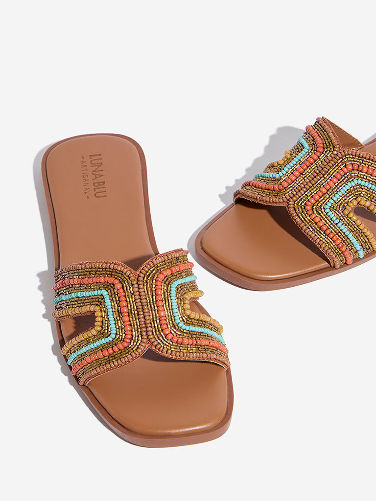 LUNA BLU Tan Beads Embellished Slides