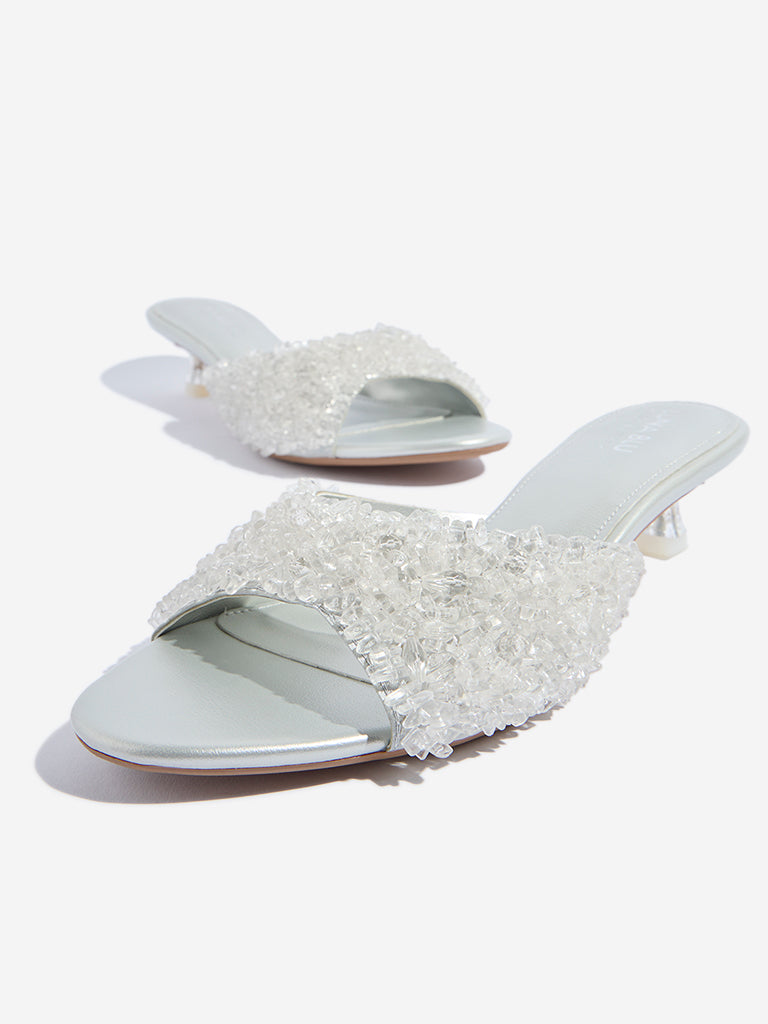 LUNA BLU Silver Embellished Peep Toe Sandals