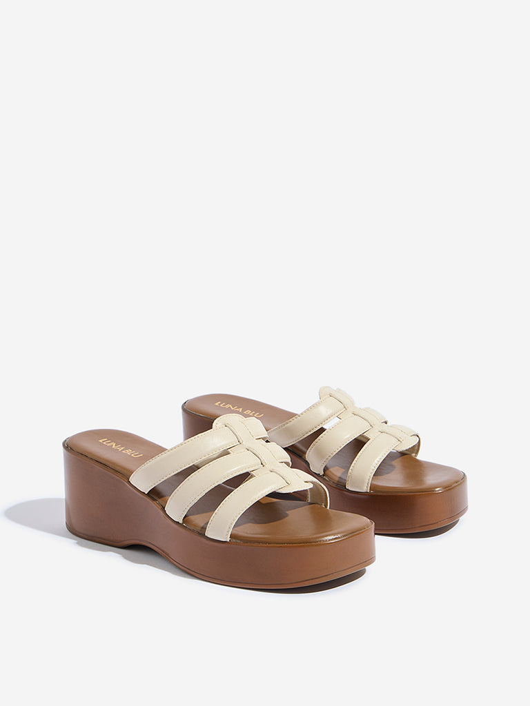 LUNA BLU Ivory Multi-Strap Wedge Heel Sandals