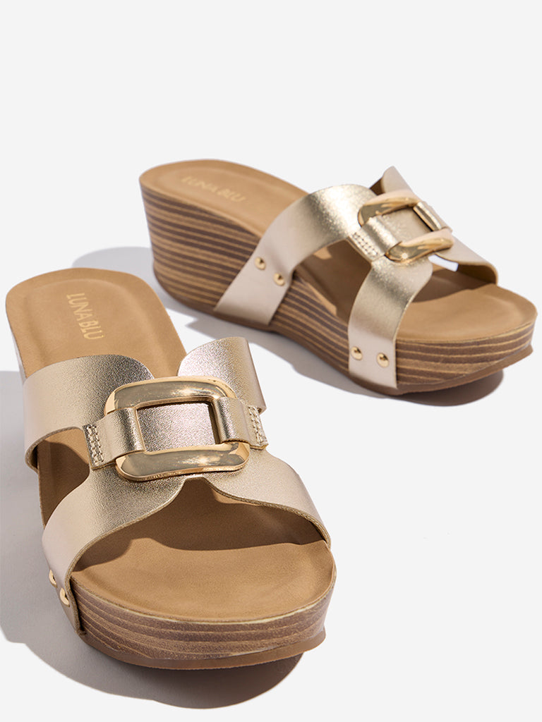 Buy LUNA BLU Light Gold Metal Detailed Wedge Heel Sandals from
