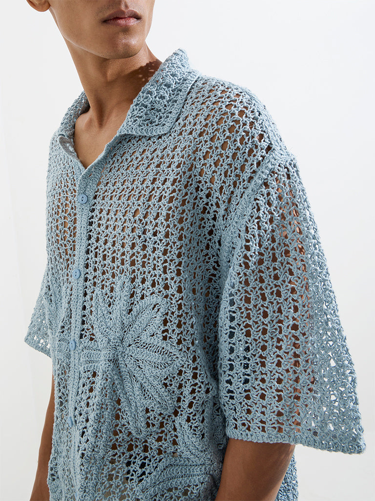 ETA Blue Crochet Detailed Relaxed-Fit Shirt