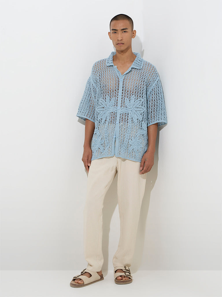 ETA Blue Crochet Detailed Relaxed-Fit Shirt