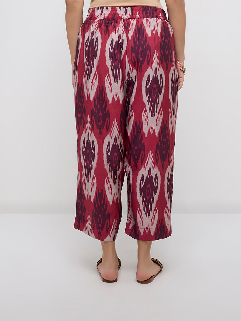 Diza Red Ikat Printed High-Rise Ethnic Pants