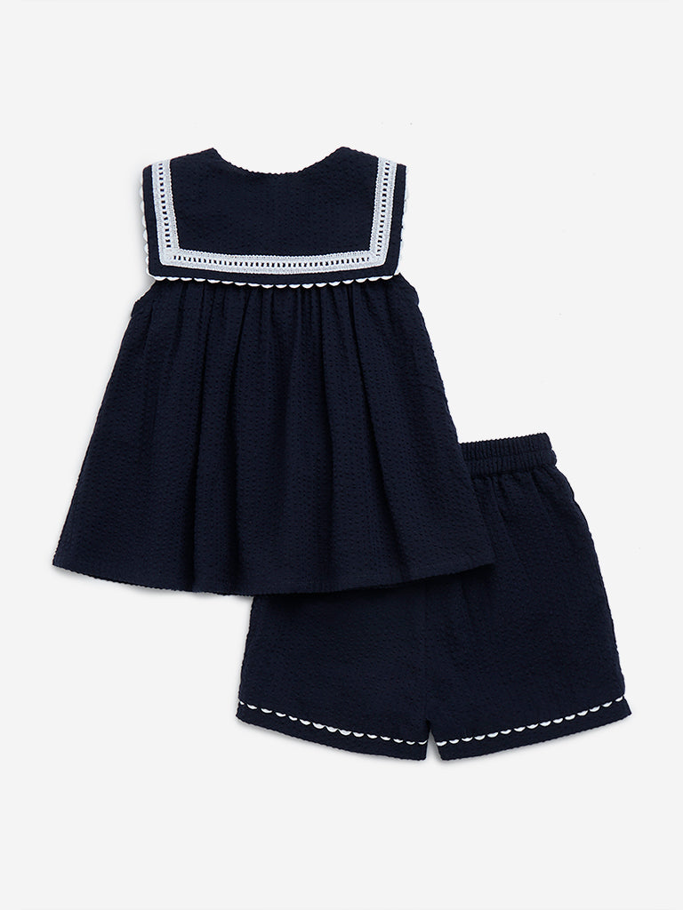 HOP Baby Navy Embroidered Cotton Top with Shorts Set