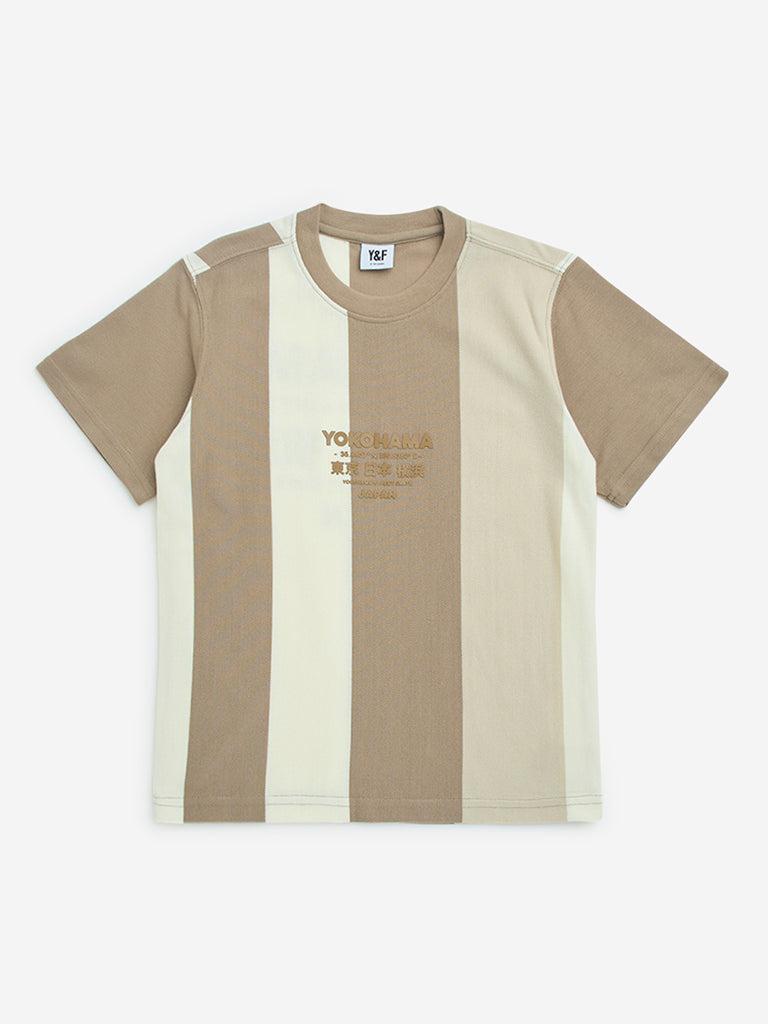 Y&F Kids Beige Colour Block Text Print Cotton-Blend T-Shirt