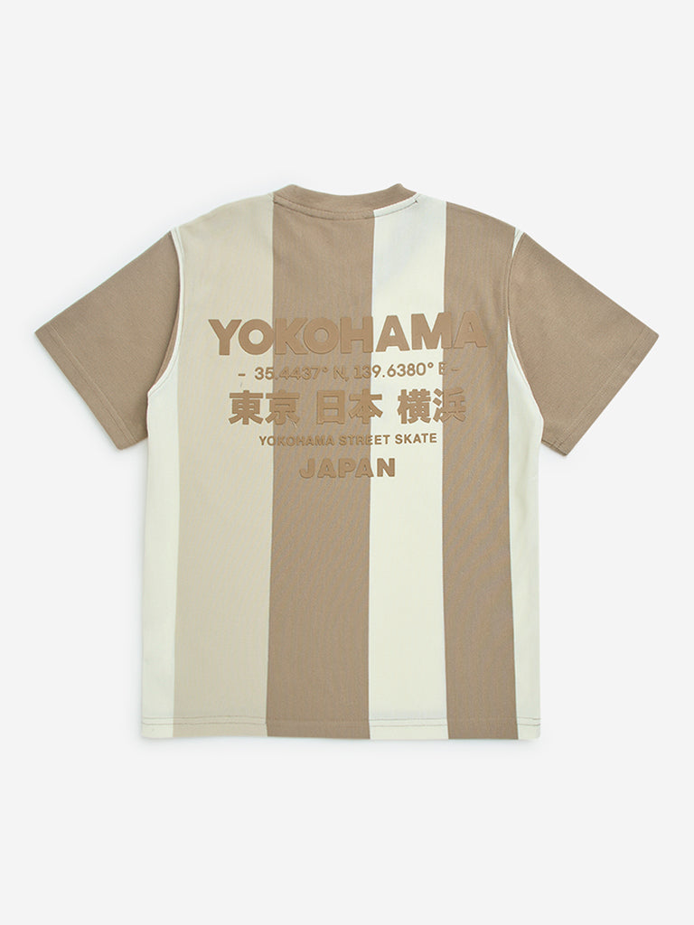 Y&F Kids Beige Colour Block Text Print Cotton-Blend T-Shirt