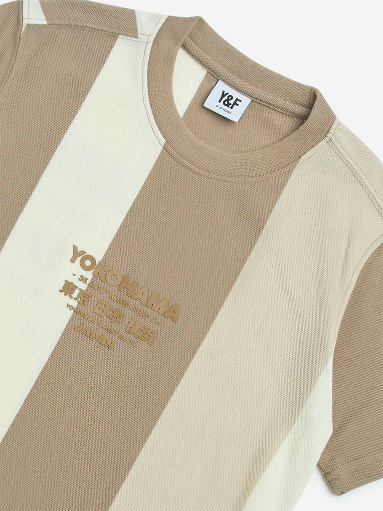 Y&F Kids Beige Colour Block Text Print Cotton-Blend T-Shirt