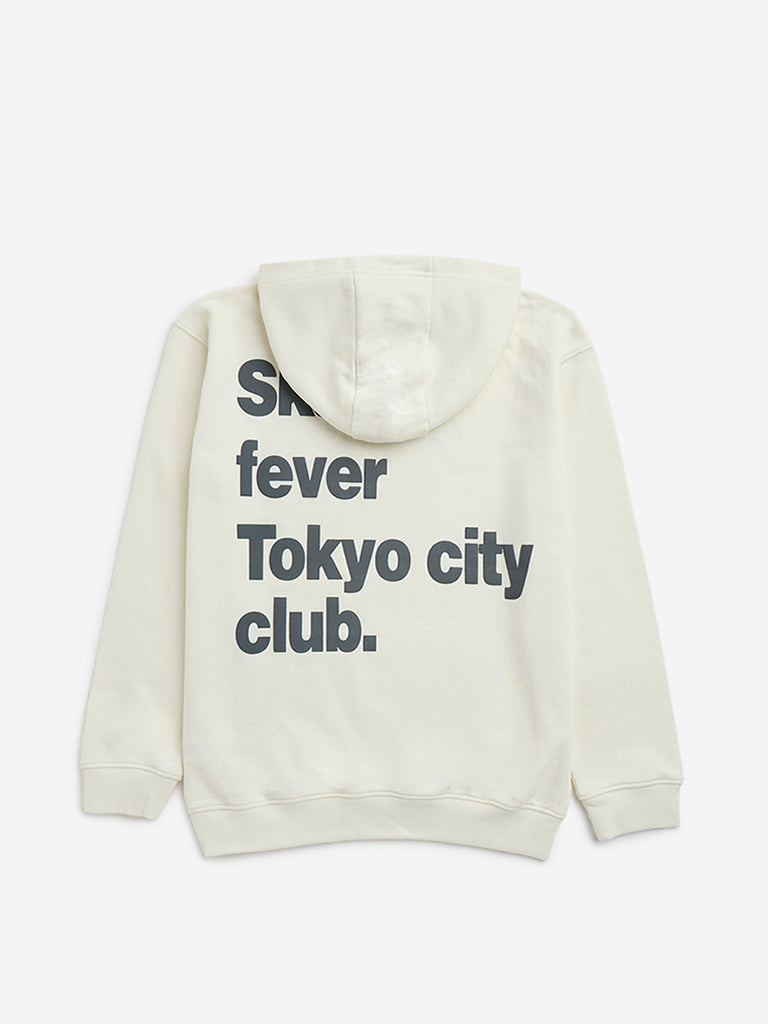 Y&F Kids Off-White Text Printed Cotton-Blend Hoodie