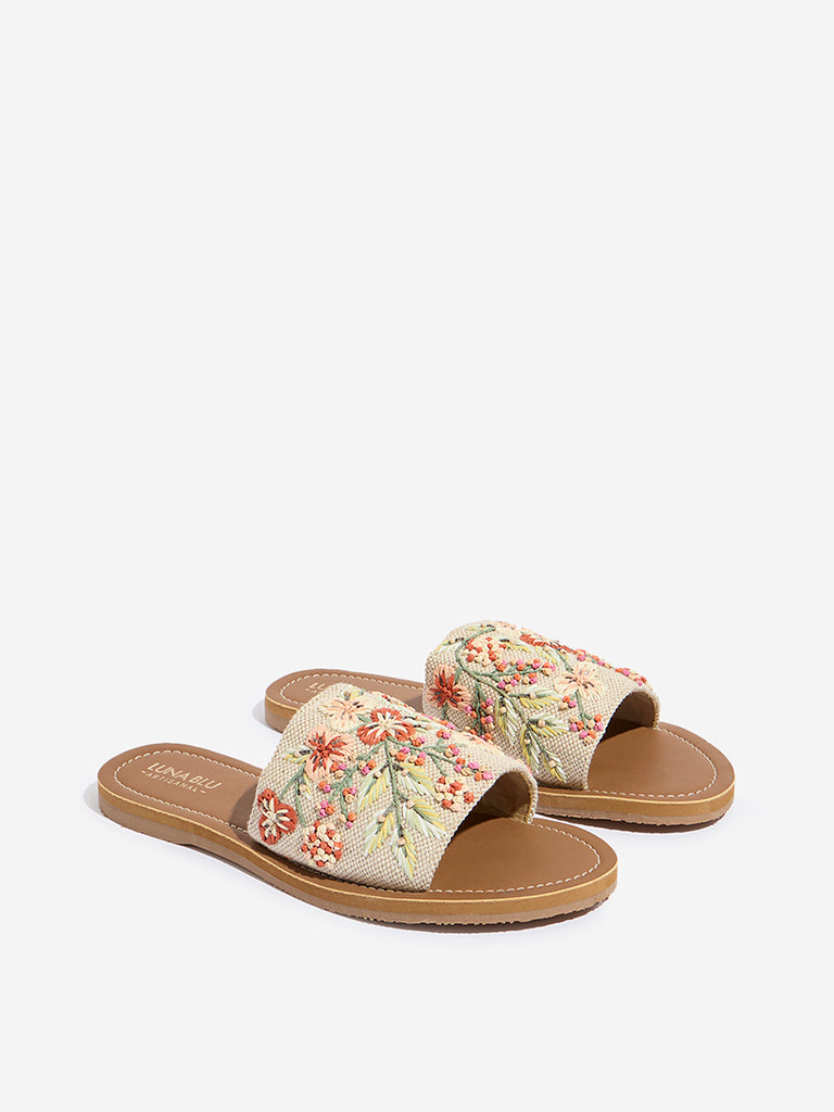 LUNA BLU Orange Floral Embroidered Slides