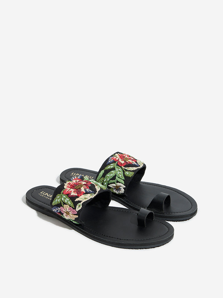 Westside LUNA BLU Women's  Black Floral Embellished Toe Ring Sandals for Festival Wear Front View