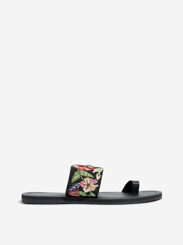 Westside LUNA BLU Women's  Black Floral Embellished Toe Ring Sandals for Festival Wear Side View