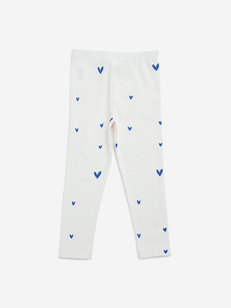 HOP Kids White Heart-Printed Cotton-Blend Leggings
