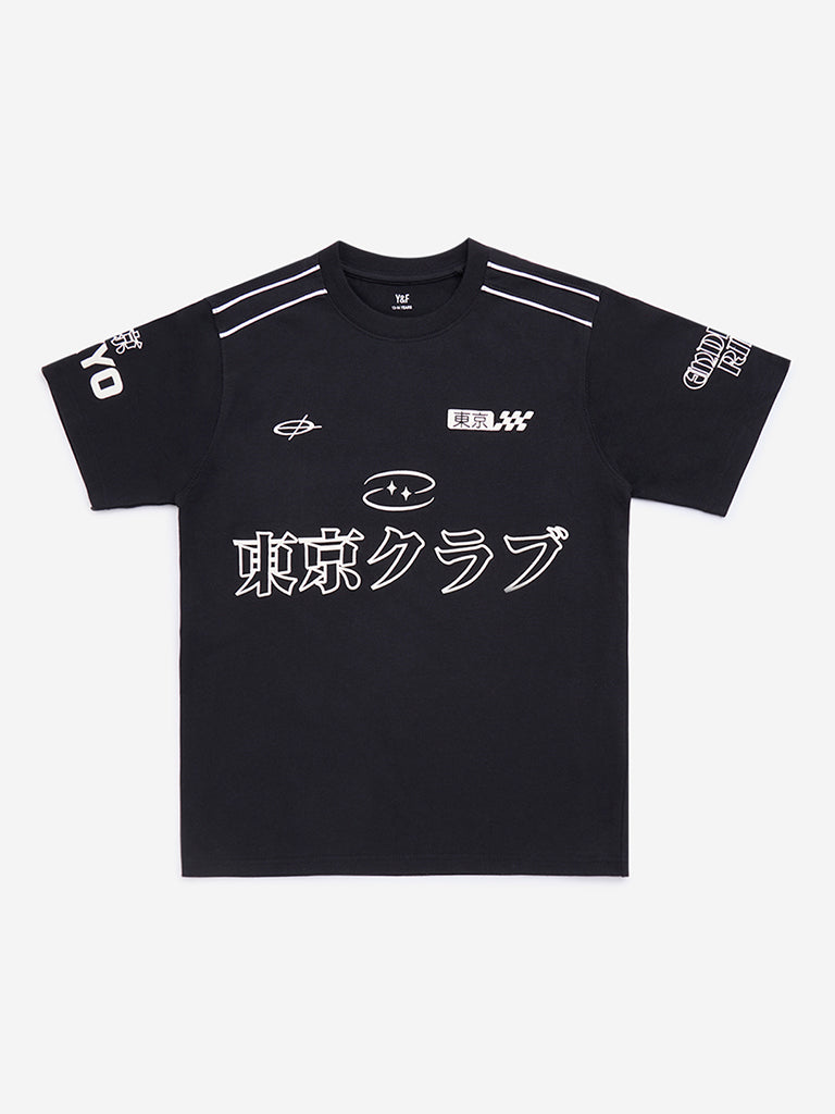 Y&F Kids Black Japanese Text Design Cotton T-Shirt