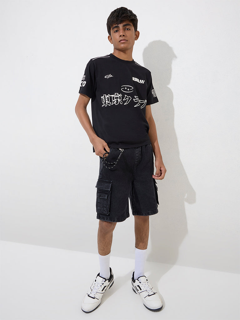 Y&F Kids Black Japanese Text Design Cotton T-Shirt