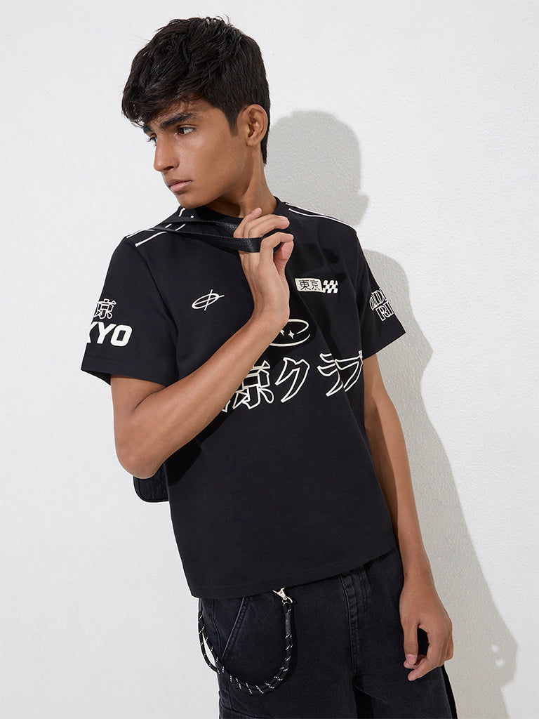 Y&F Kids Black Japanese Text Design Cotton T-Shirt