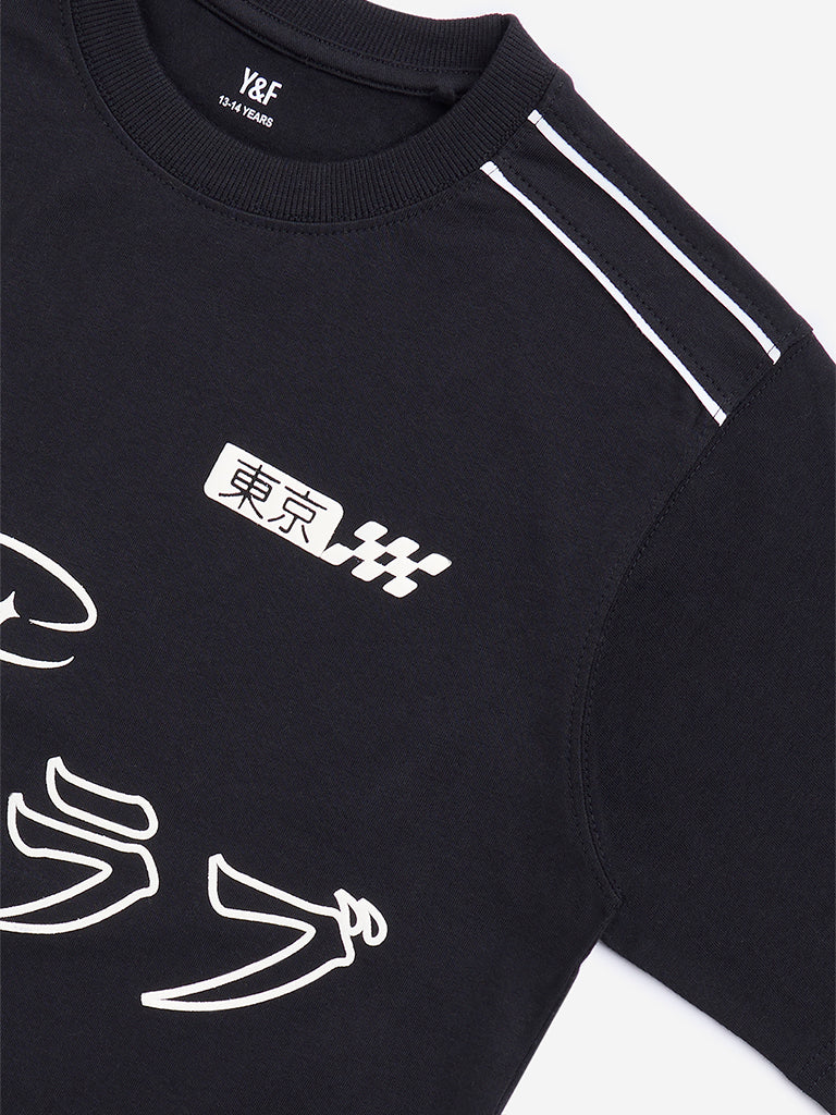 Y&F Kids Black Japanese Text Design Cotton T-Shirt