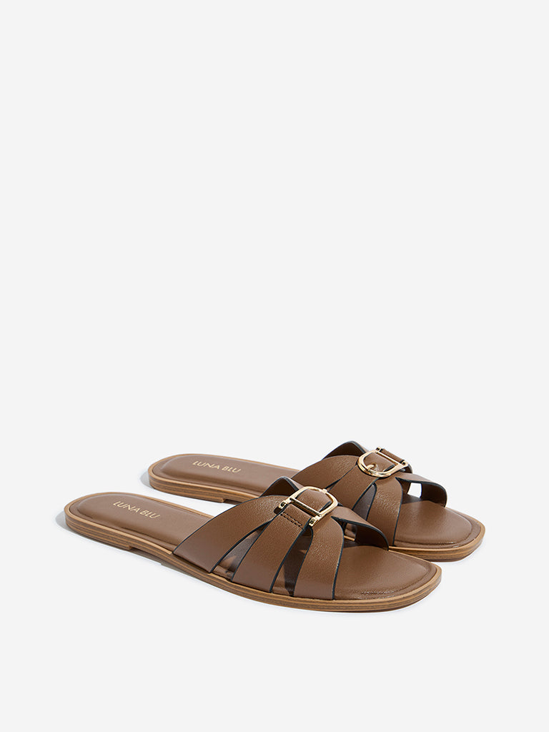 LUNA BLU Brown Criss-Cross Design Slides