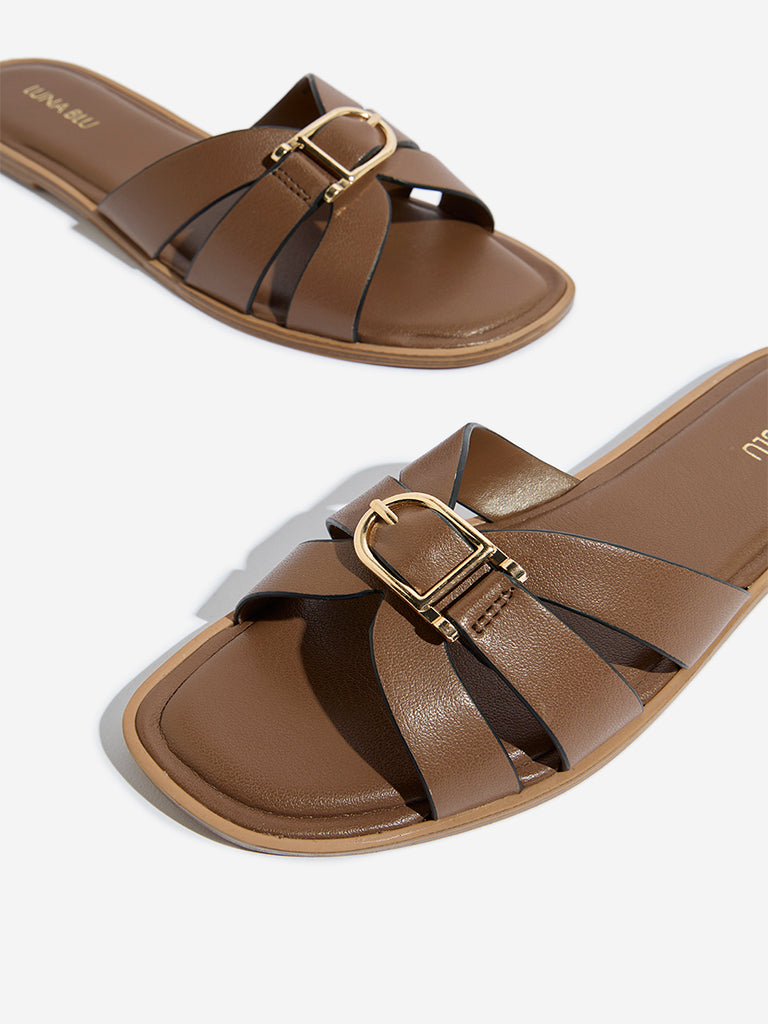 LUNA BLU Brown Criss-Cross Design Slides