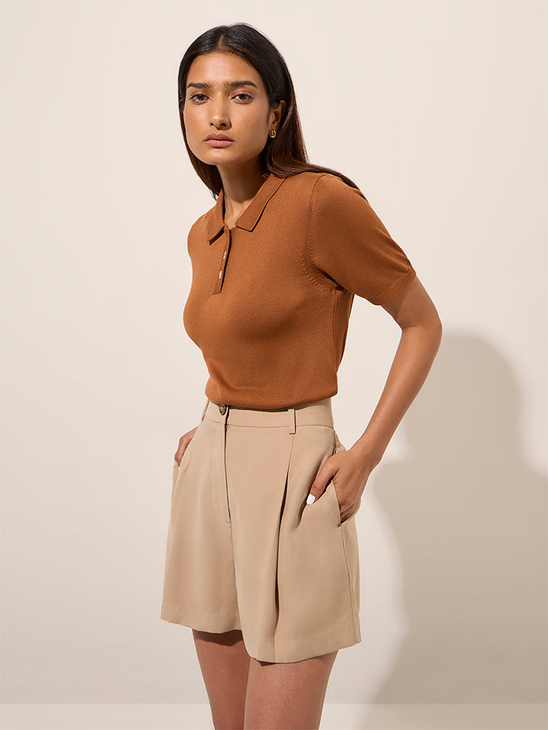 Westside Wardrobe Women's Tan Solid Top for Work Wear Front View