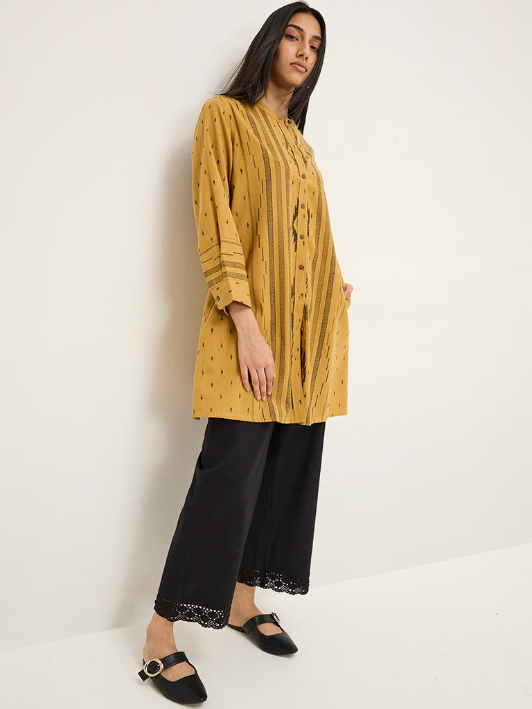 Utsa Mustard Printed Cotton-Blend A-Line Kurta