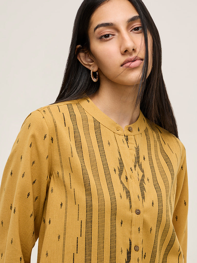 Utsa Mustard Printed Cotton-Blend A-Line Kurta