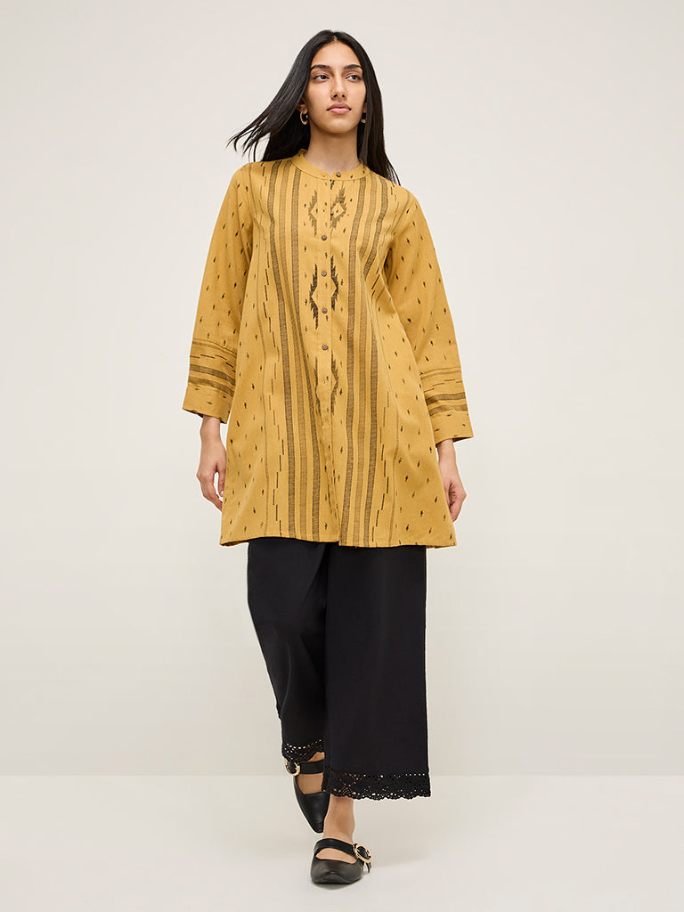 Utsa Mustard Printed Cotton-Blend A-Line Kurta
