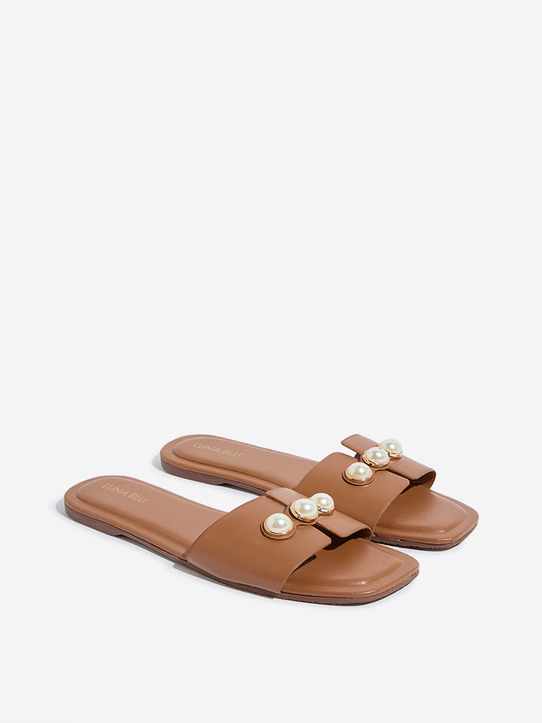 Buy LUNA BLU Tan Pearl Embellished Slides from Westside
