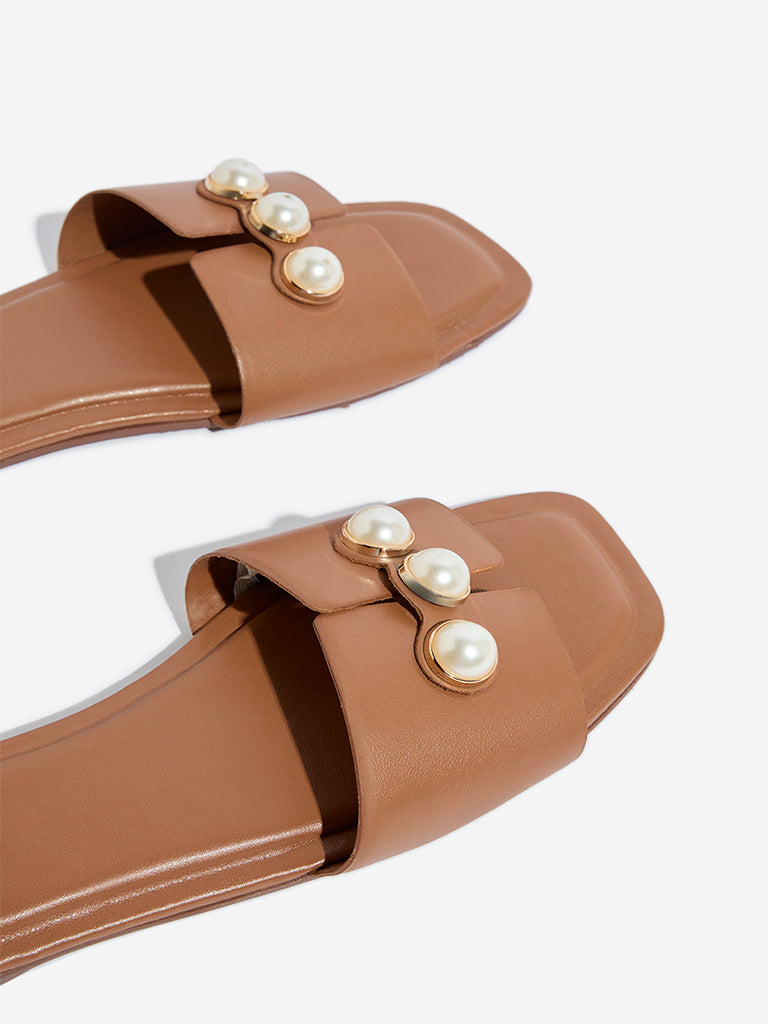Buy LUNA BLU Tan Pearl Embellished Slides from Westside