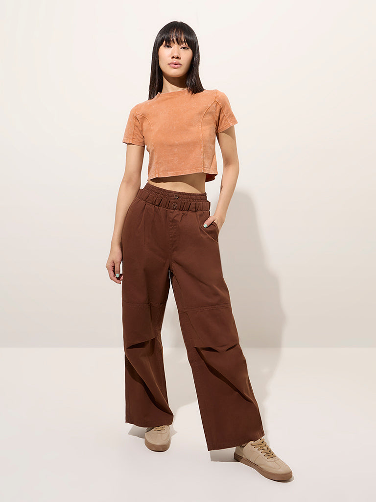 Westside Nuon Women's Dark Brown Wide-Leg High-Rise Cotton Pants for Casual Wear Full Model View