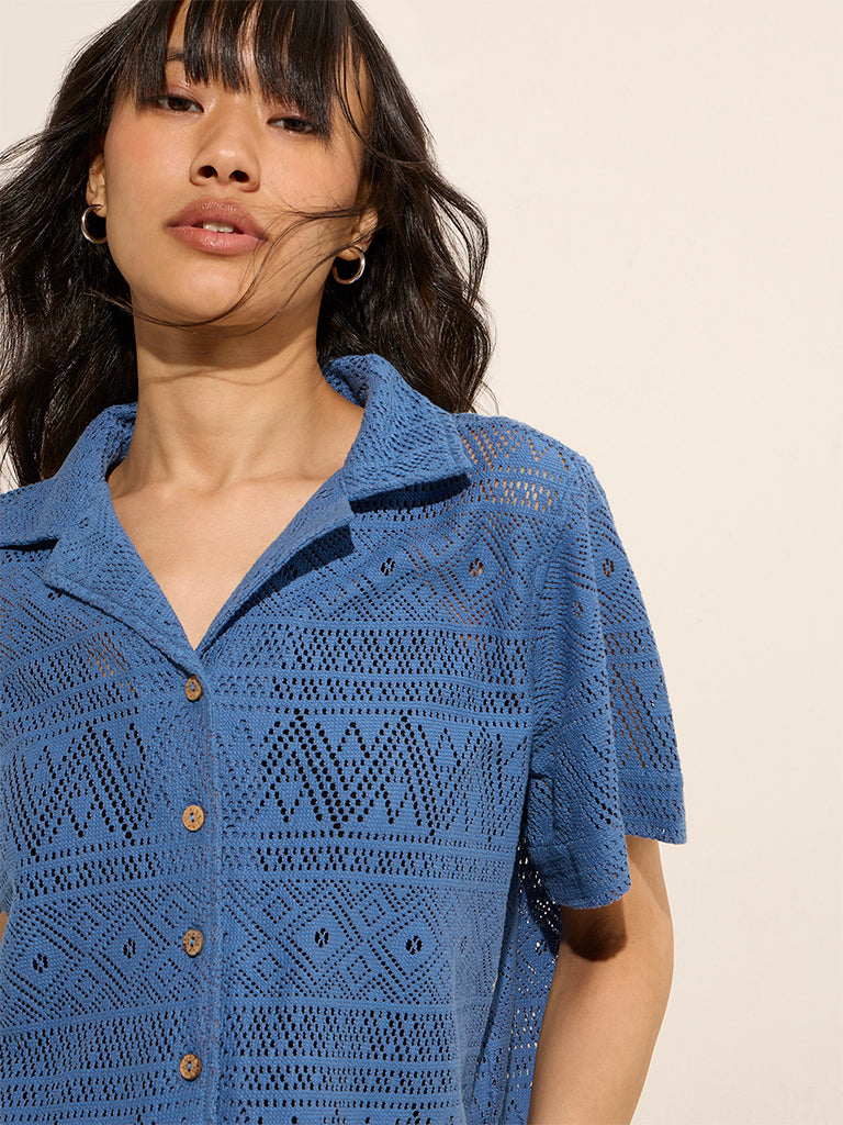 Bombay Paisley Navy Knit-Textured Cotton Shirt