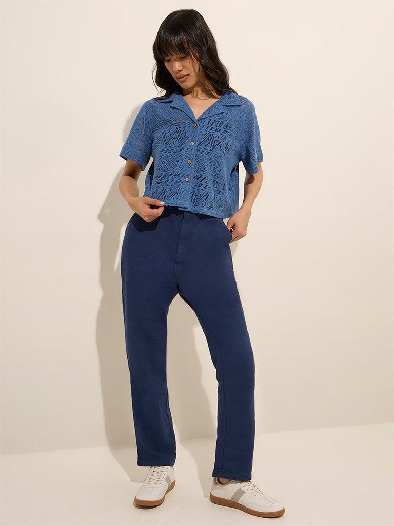 Bombay Paisley Navy Knit-Textured Cotton Shirt