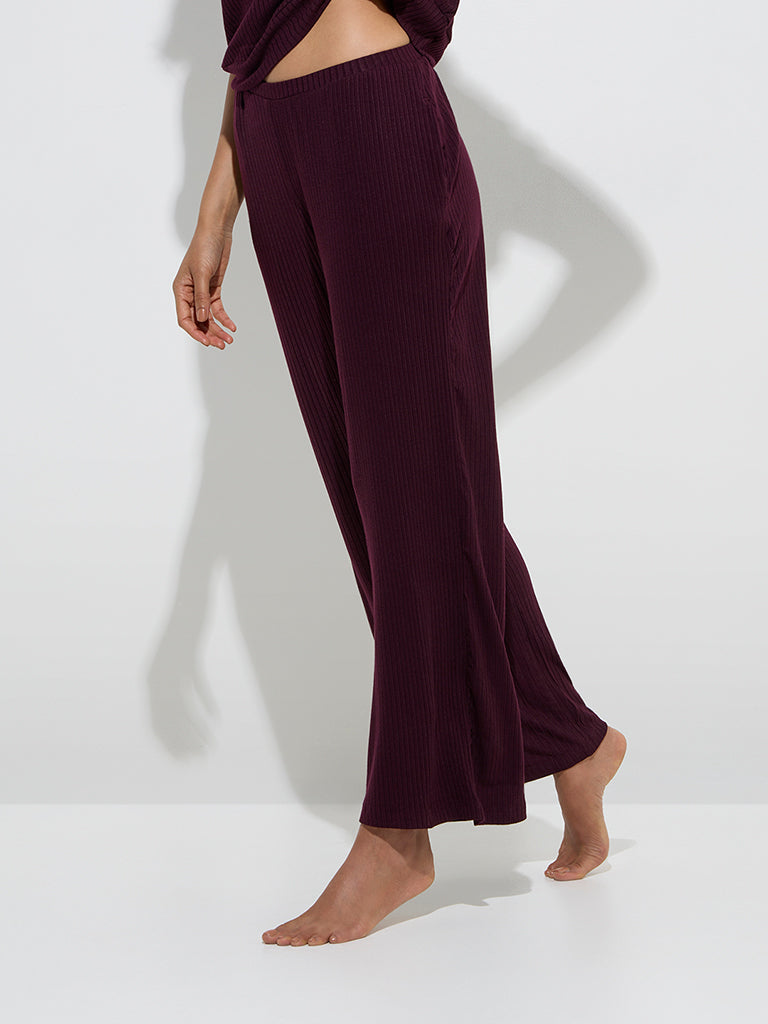 Wunderlove Plum Self Striped High-Rise Lounge Pants